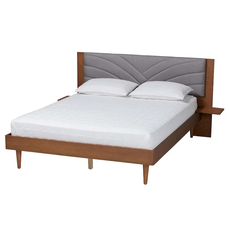 Grey Fabric Queen Platform Bed with Walnut Brown Wood Frame