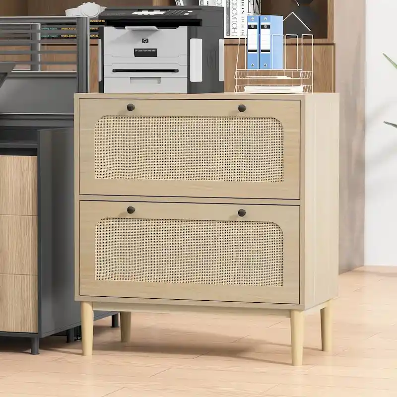 Natural Rattan 2-Drawer Lateral File Cabinet, Black Legs