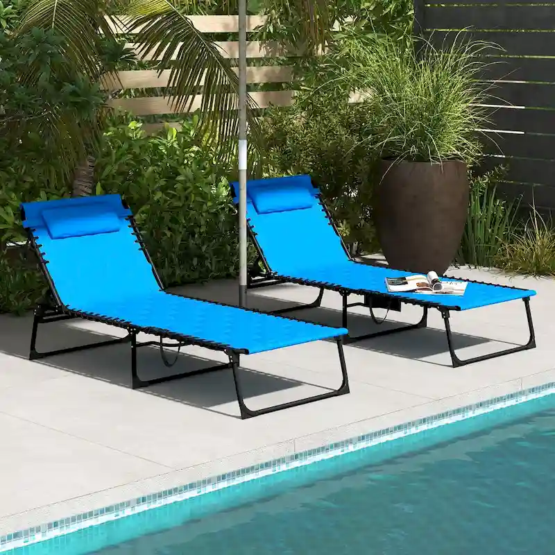 2-Piece Outdoor Folding Chaise Lounge Set with 5-level Reclining Back, Padded Seat, Side Pocket & Headrest