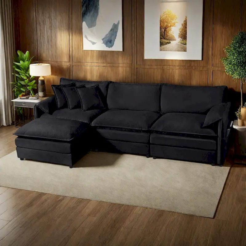 109.45 Chenille Upholstered L-Shaped Modular Sectional Sofa with Double-Layer Cushions, DIY Combination