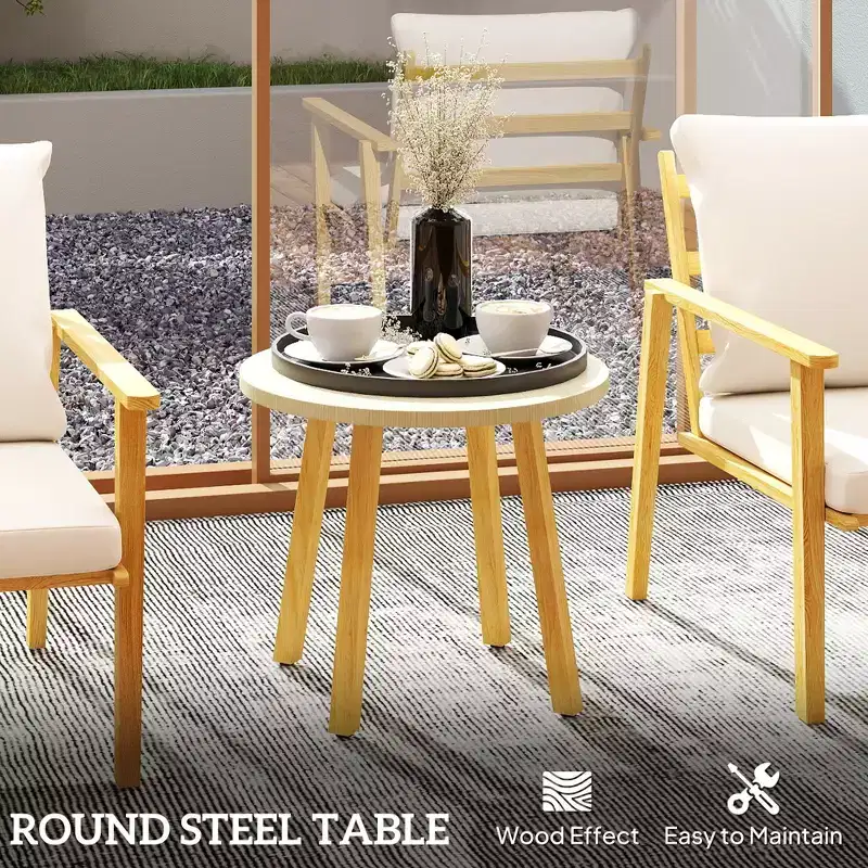 Outsunny 3 Piece Patio Set, Wood Effect Metal Bistro Set, Round Steel Table and Wide and Deep Chairs with Cushions, Small Patio Furniture, Cream White
