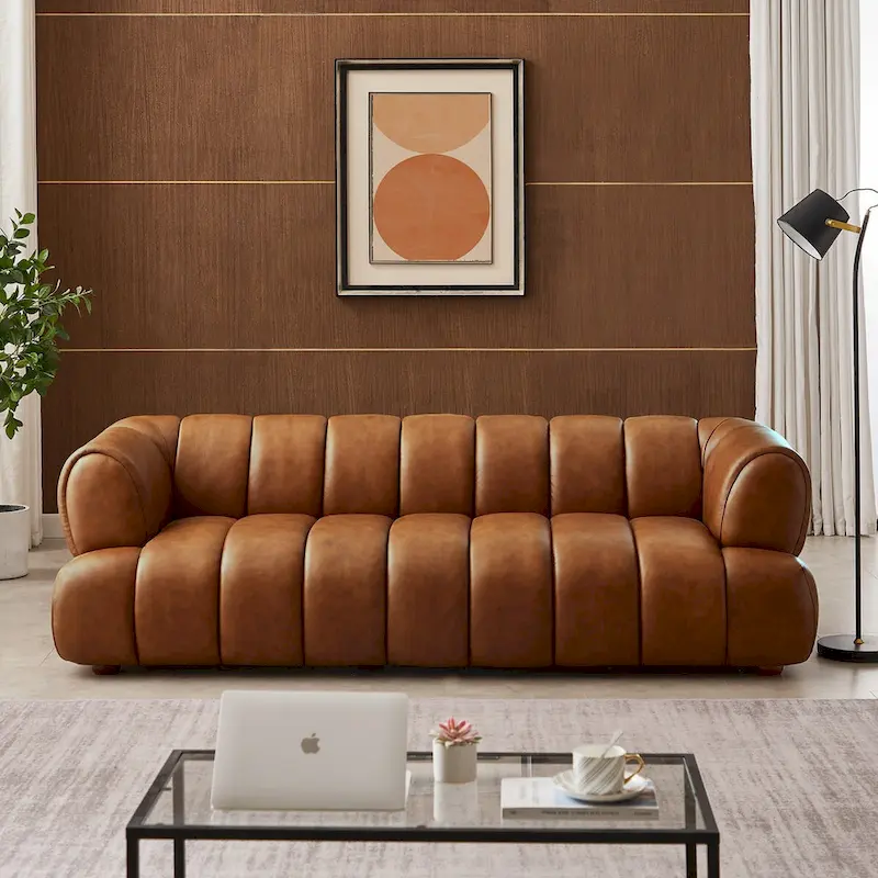 Leather Sofa with Solid Wood Legs – Cognac, Mid-Century Style, 3-Person