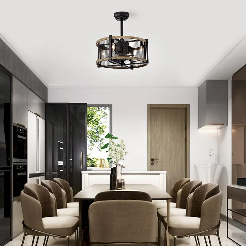 Blane Black/Wood Grain Metal 4-Light Ceiling Fan Chandelier w/ Remote