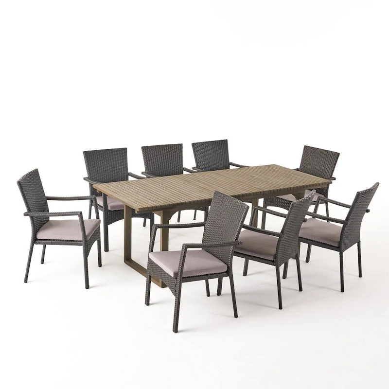 Villa Wood and Wicker 9-piece Outdoor Expandable Table Dining Set by Christopher Knight Home