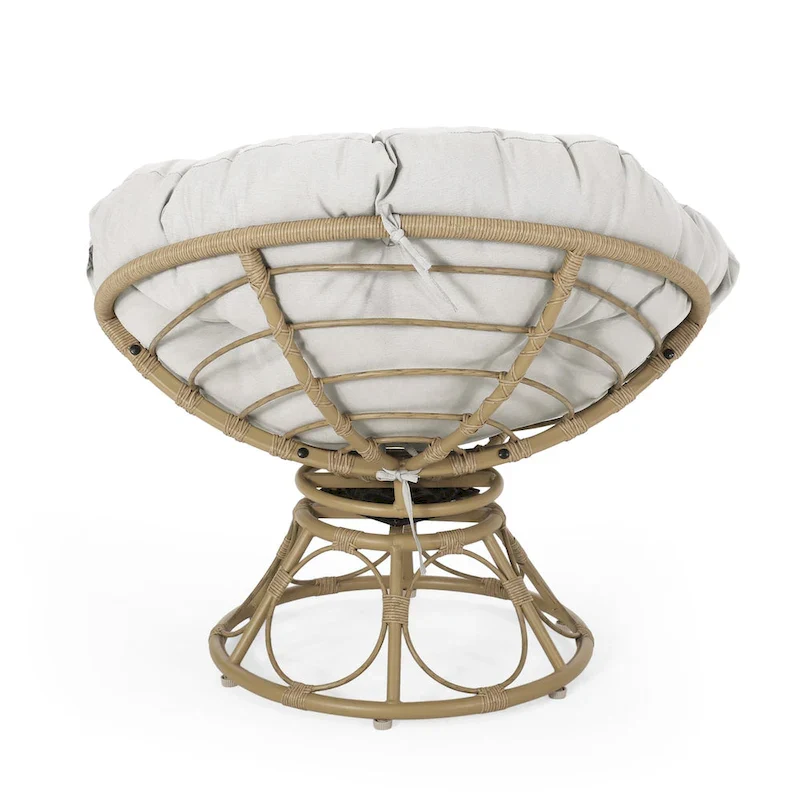 Brown Wicker Swivel Papasan Chair with Tufted Fabric Cushion