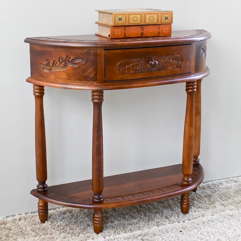 Walnut Hand-Carved Solid Hardwood Half-Moon Hall Table with 2 Shelves - Single Use