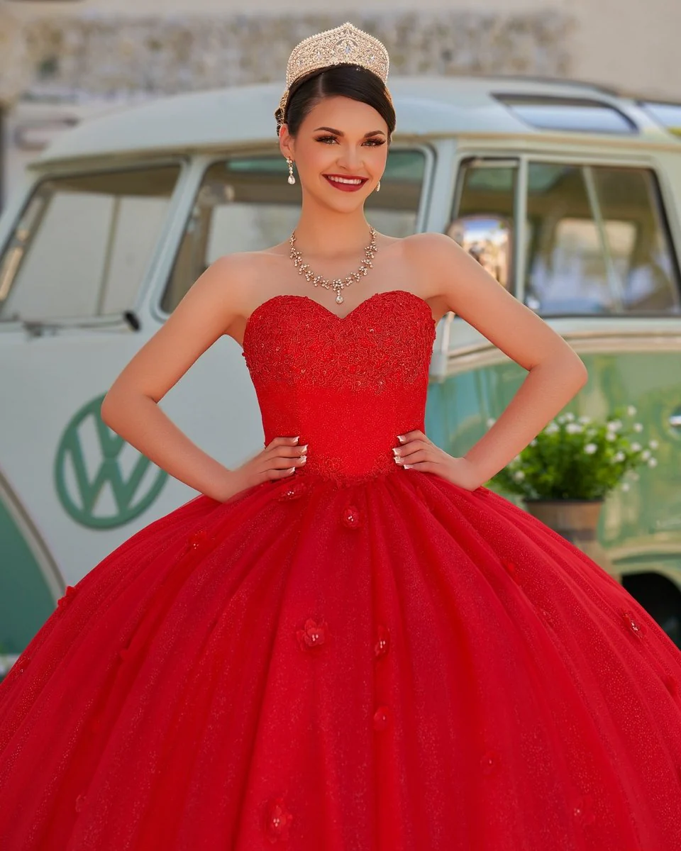 Red 3D Flowers Glitter Sequins Sleeveless Quinceanera Dresses