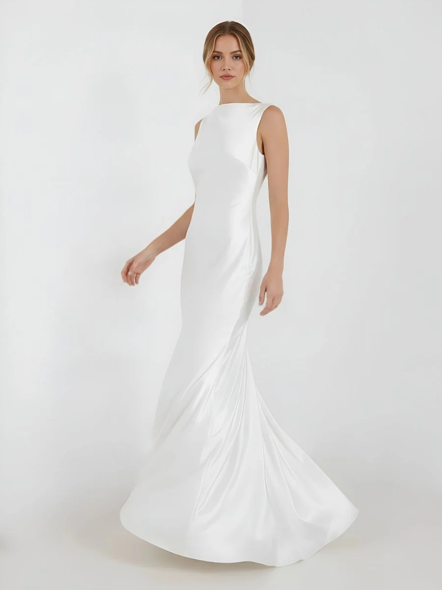 Sheath High Bateau Neck Backless Silk Satin Wedding Dress