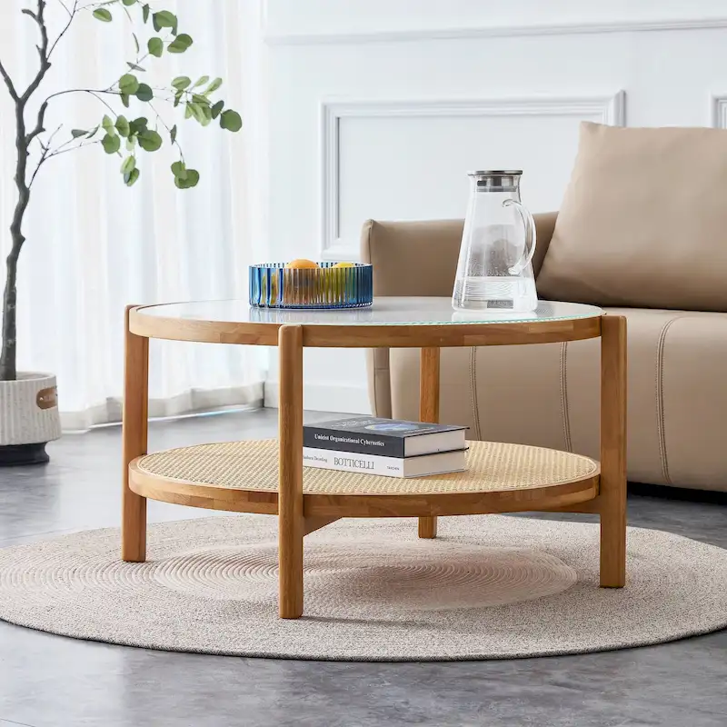 Circular double-layer solid wood tea table