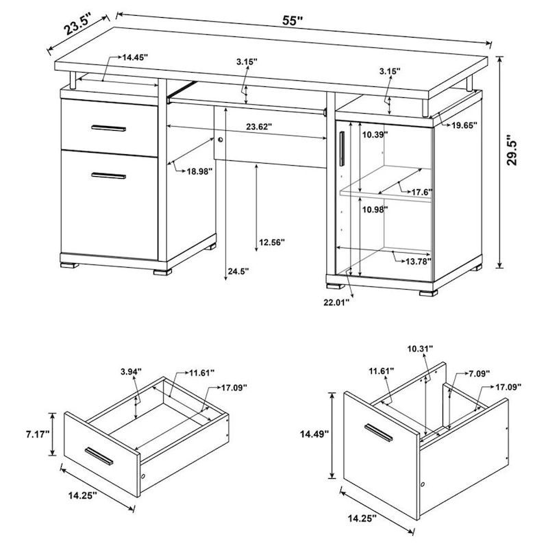 Computer Desk with 2 Drawers and Cabinet in White