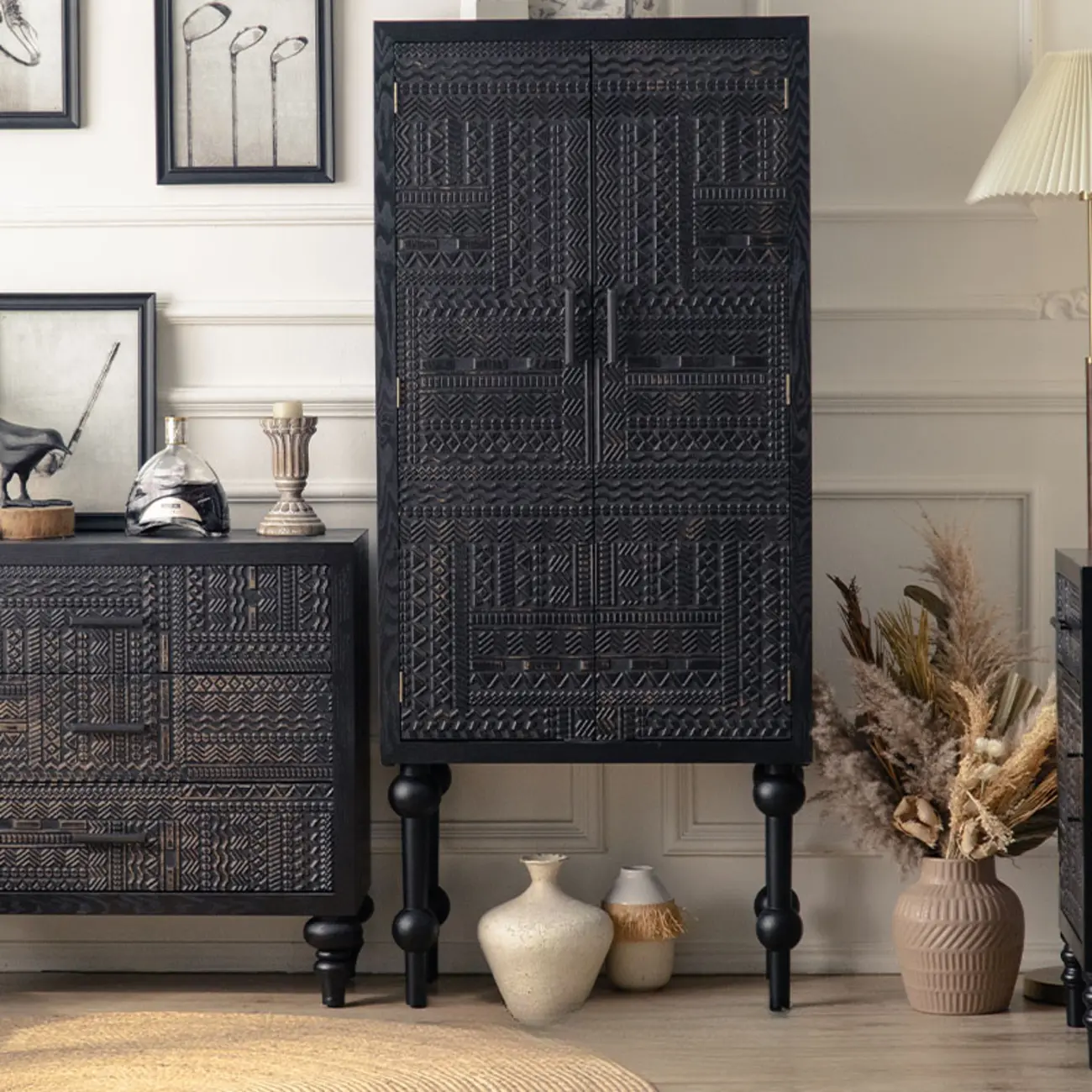 Mid-Century Rectangle Black Distressed Wood Carved Cabinet