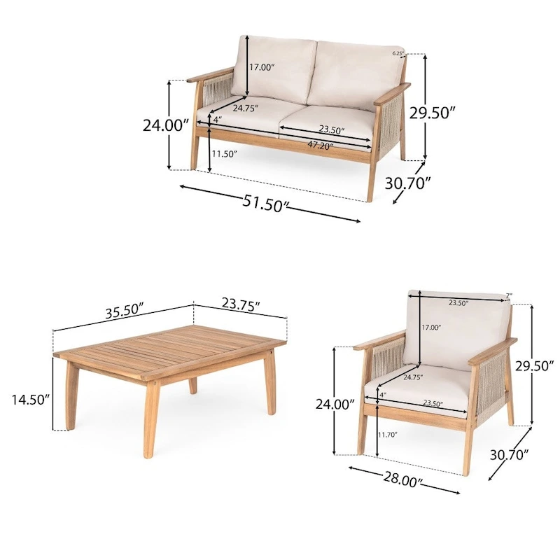 Modern Outdoor 4-piece Acacia Wood Sectional Sofa Set with Waterproof Cushions