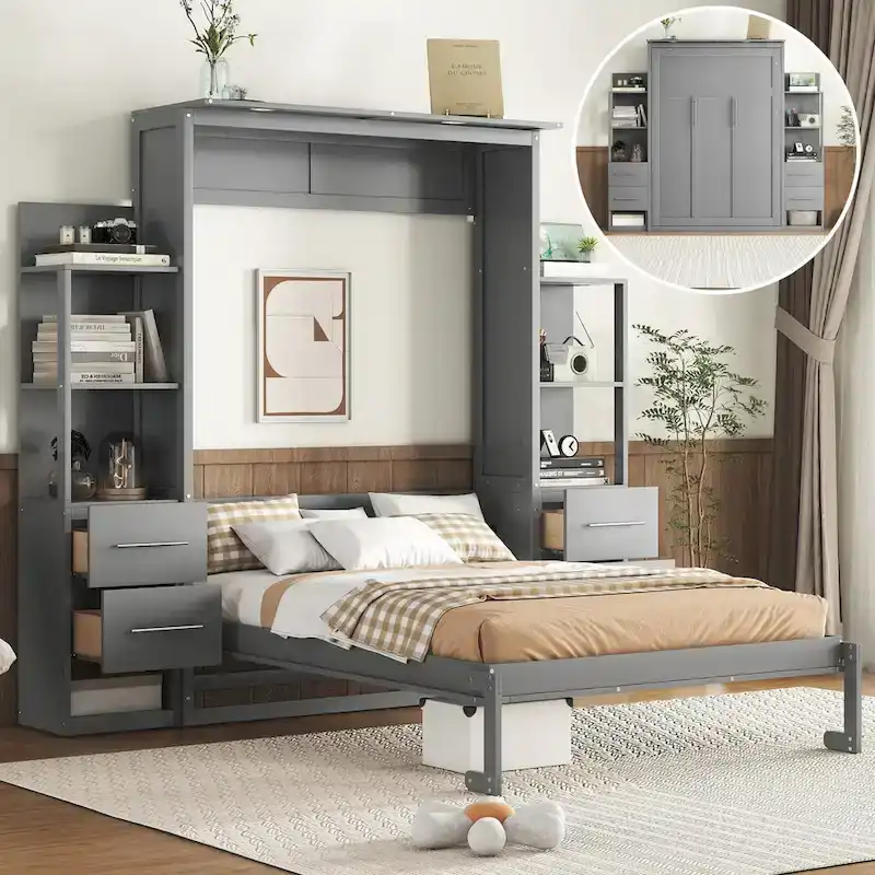 Full Size Murphy Wall Bed Frame with Shelves,Drawers and LED Lights,for Girls Boys Teens,No Box Spring Needed
