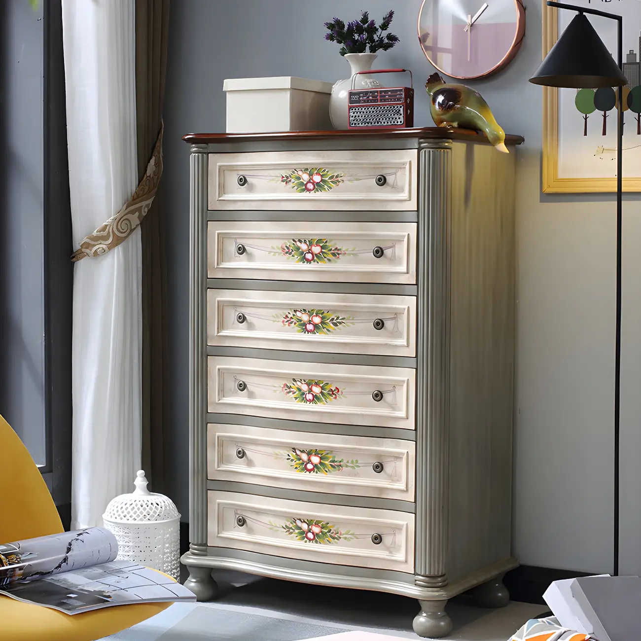 Vintage Grey Wooden Chest with Floral and 6 Drawers for Home