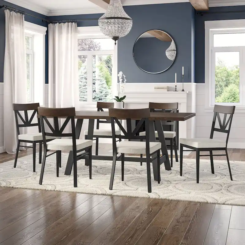 Solid Wood Dining Table with Metal Trestle Base