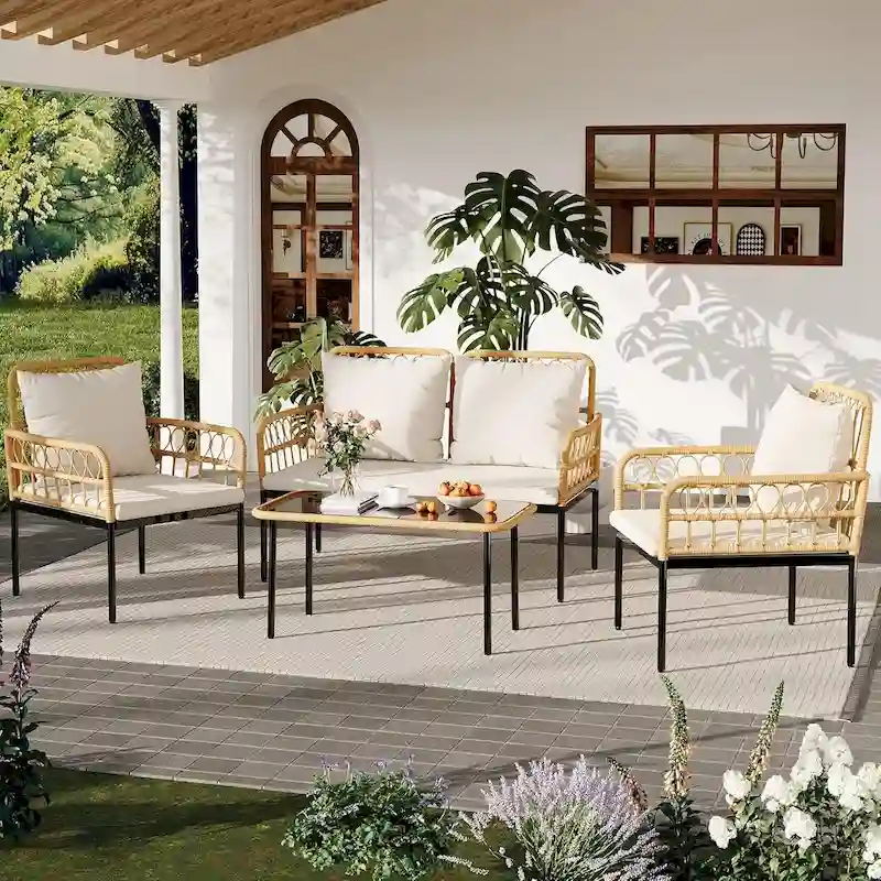 4-Piece Patio Rattan Wicker Furniture Set with Glass Coffee Table for Balcony