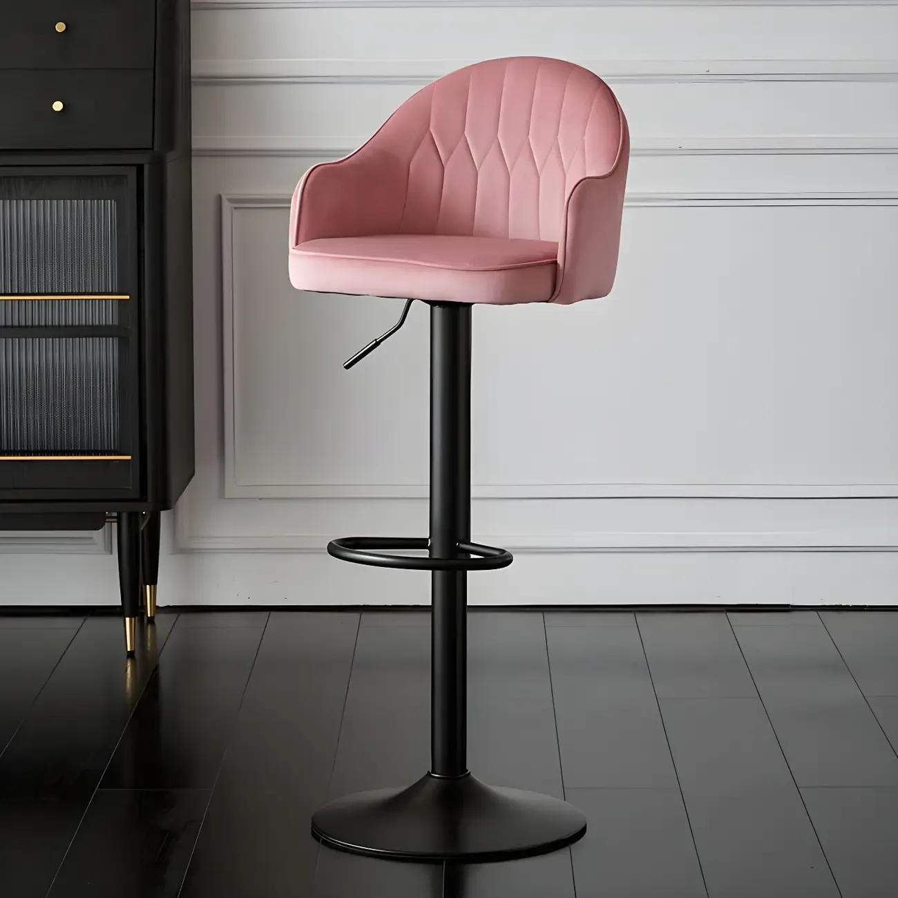 Swivel Upholstered Adjustable Height Home Armed Barstool with Metal Base