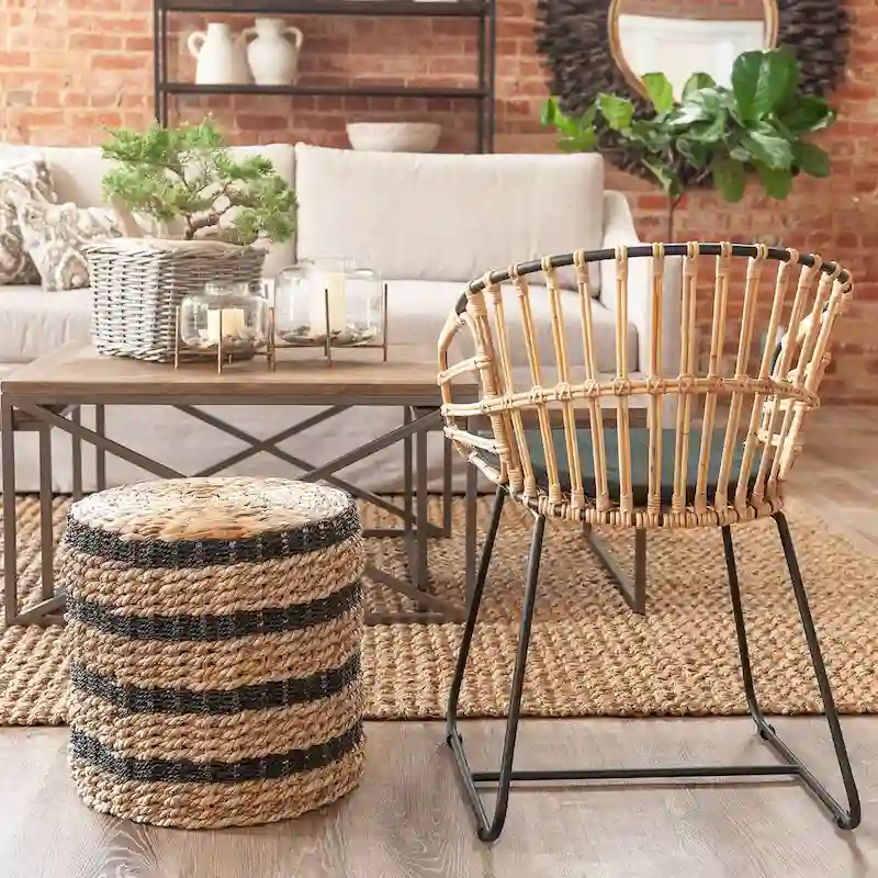 Brown & Black Striped Woven Round Accent Table, Boho Style, Seats 1