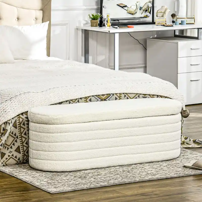 HOMCOM 46  Storage Ottoman Bench, Teddy Fleece Upholstered Boucle Storage Bench with Wood Frame, Bedroom Bench for Living Room