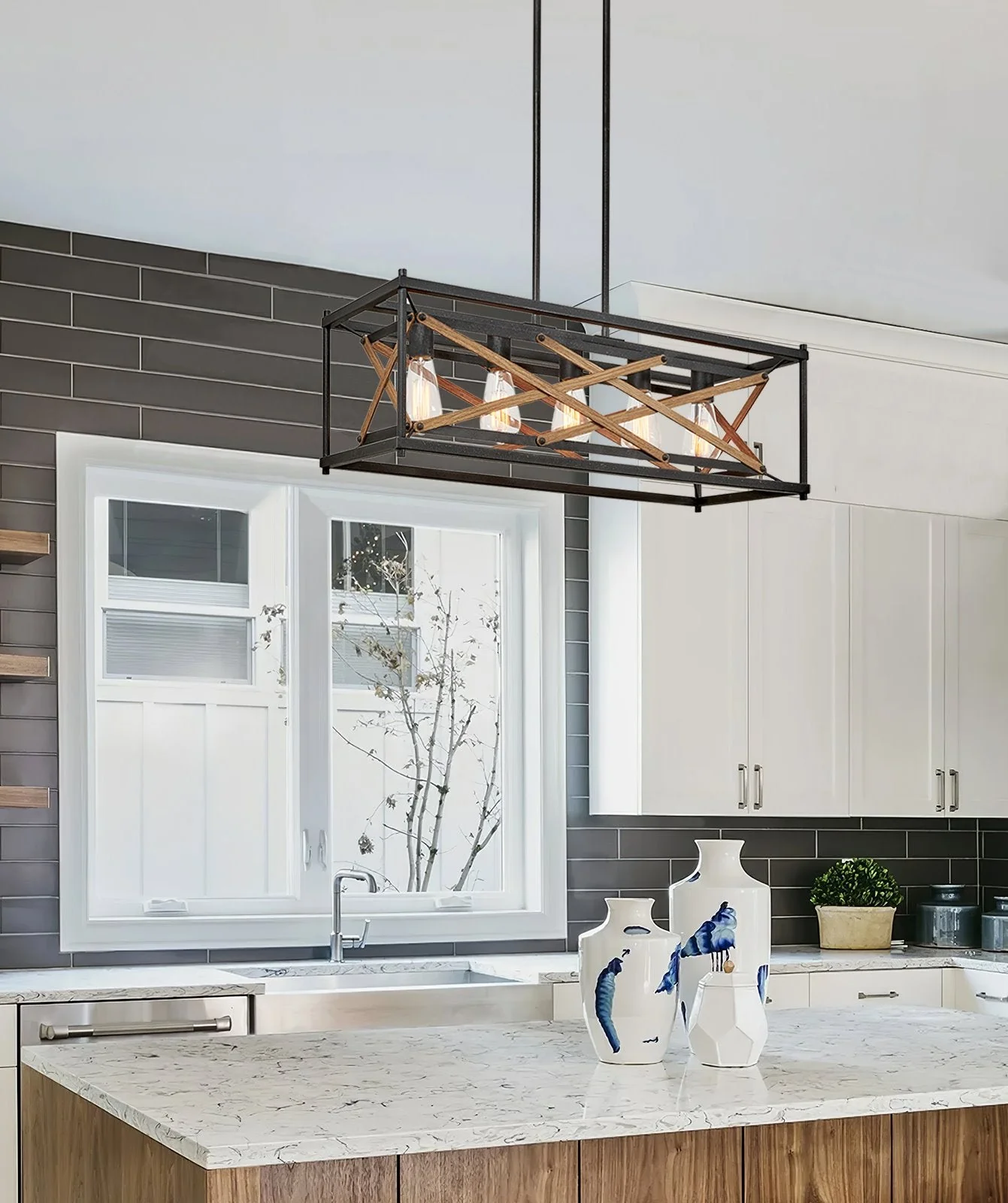 Lexington 32 5-Light Farmhouse Rectangular Kitchen Island Light / Pool Table Light