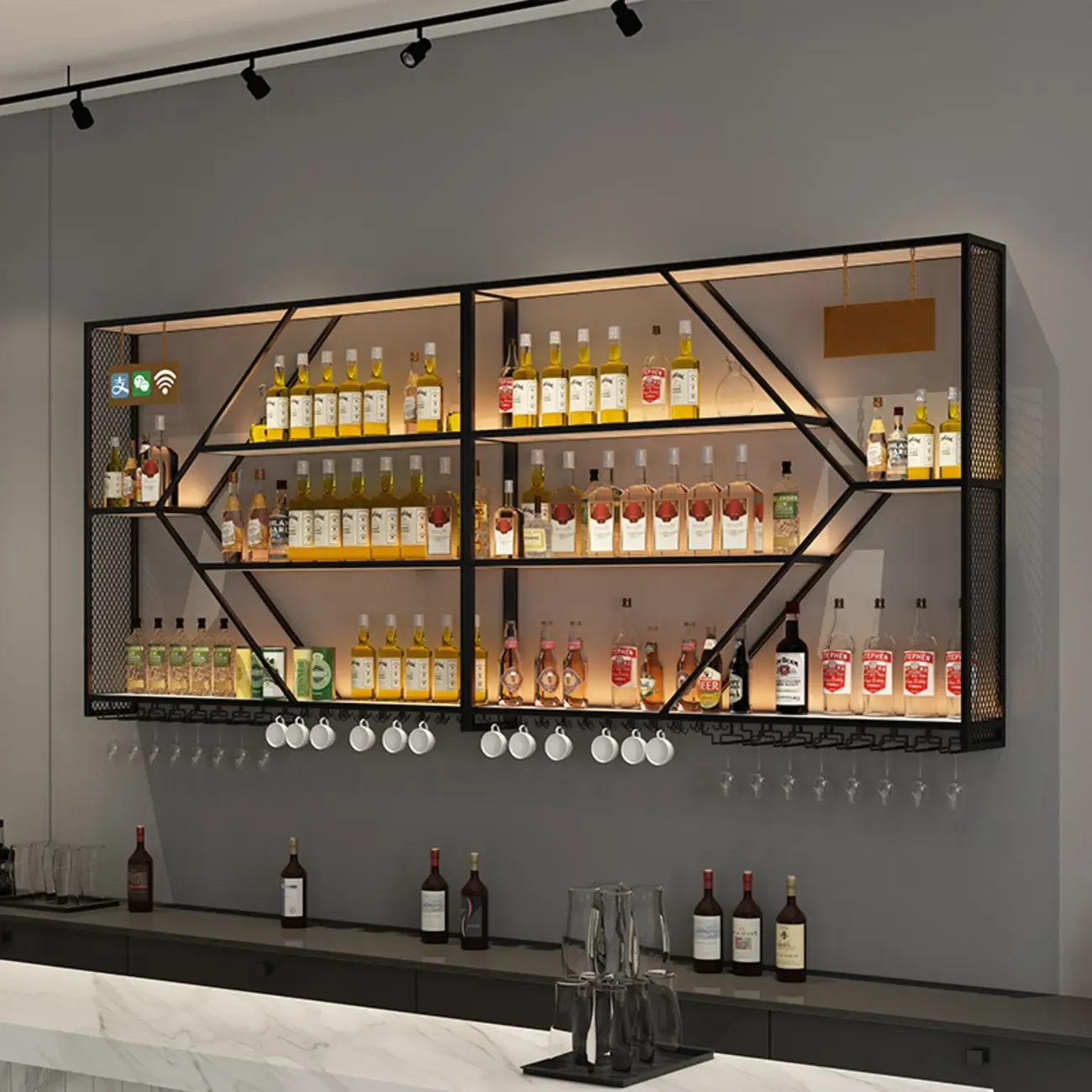 Iron Wine Bottle and Open Wine Glass Holder with Lighting