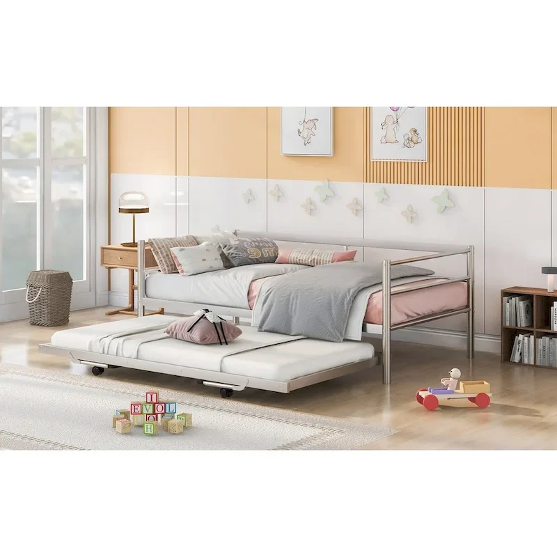 Metal Daybed with Adjustable Trundle, Pop Up Trundle