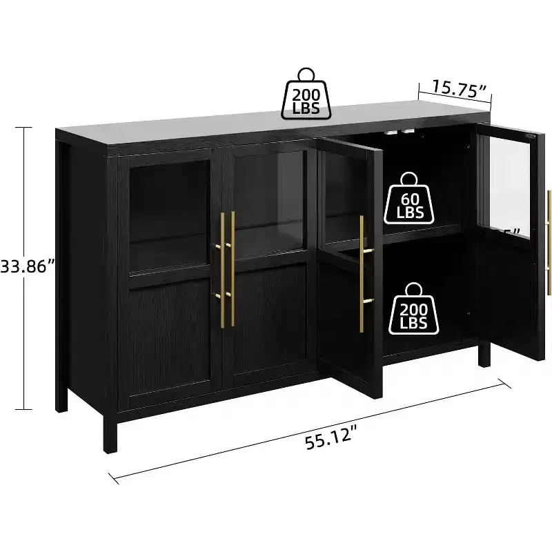Acekool 55 Farmhouse Storage Cabinet  4 Glass Door Sideboard with Shelves, Slim Kitchen & Dining Organizer in Crisp White