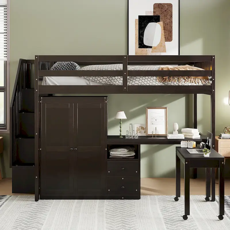 Espresso / Grey / White Full Size Loft Bed with Stairs, Desk & Wardrobe – 1 Person