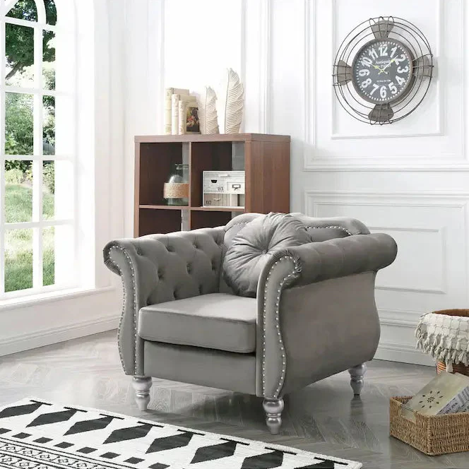 Green / Gray / Navy / Pink / Black / Burgundy / Ivory Velvet Club Chair with Nailhead Trim – Single