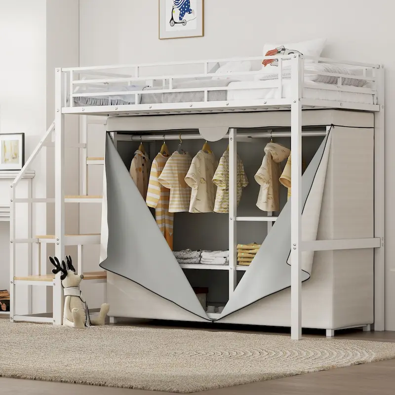 Metal Loft Bed with Wardrobe and Storage Shelves for Kids, Boys and Girls, Bedroom