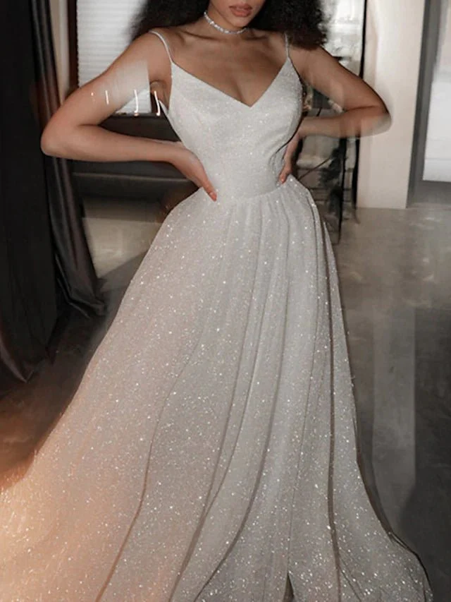 Ball Gown Prom Dresses Glittering Dress Wedding Party Court Train Sleeveless Spaghetti Strap Tulle with Sequin