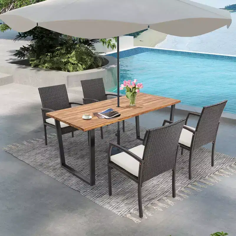 Costway 5 PCS Patio Rattan Dining Set Acacia Wood Table 4 Wicker Chairs with Umbrella Hole