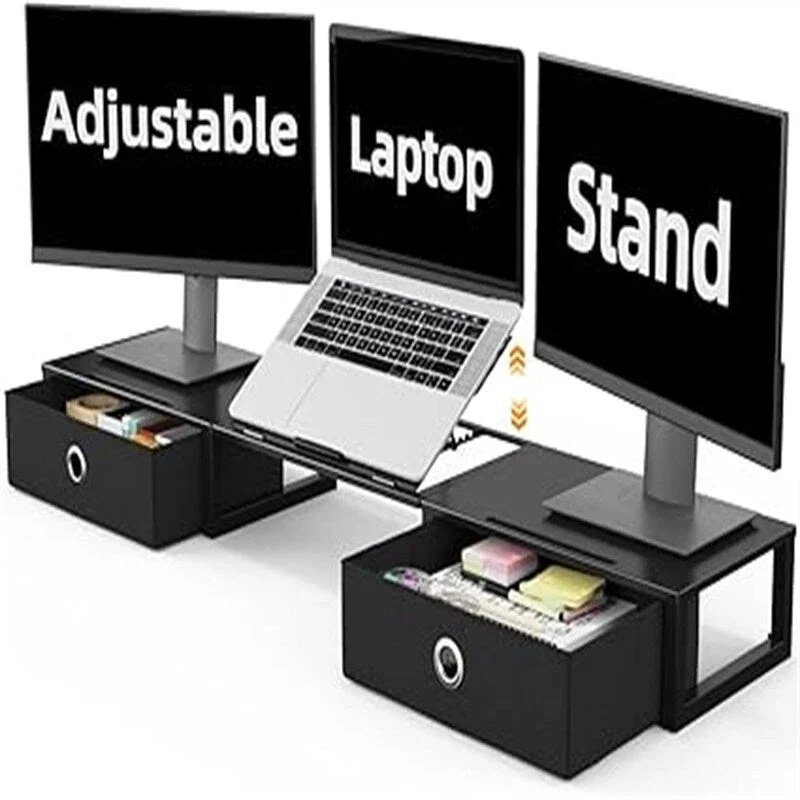 Black Steel Monitor Stand Riser with Drawers, Single User