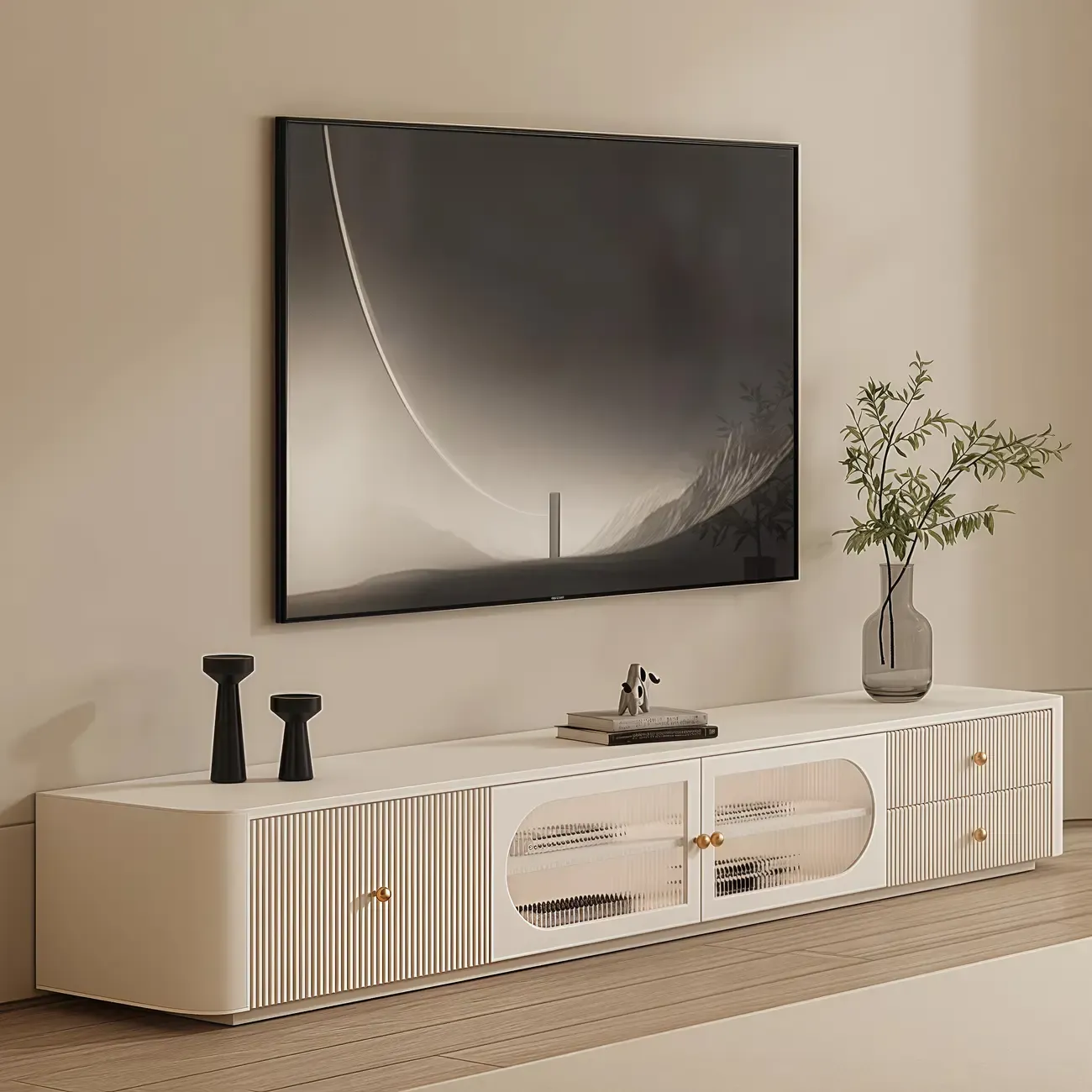 Long Modern White Wooden TV Stand with Drawers