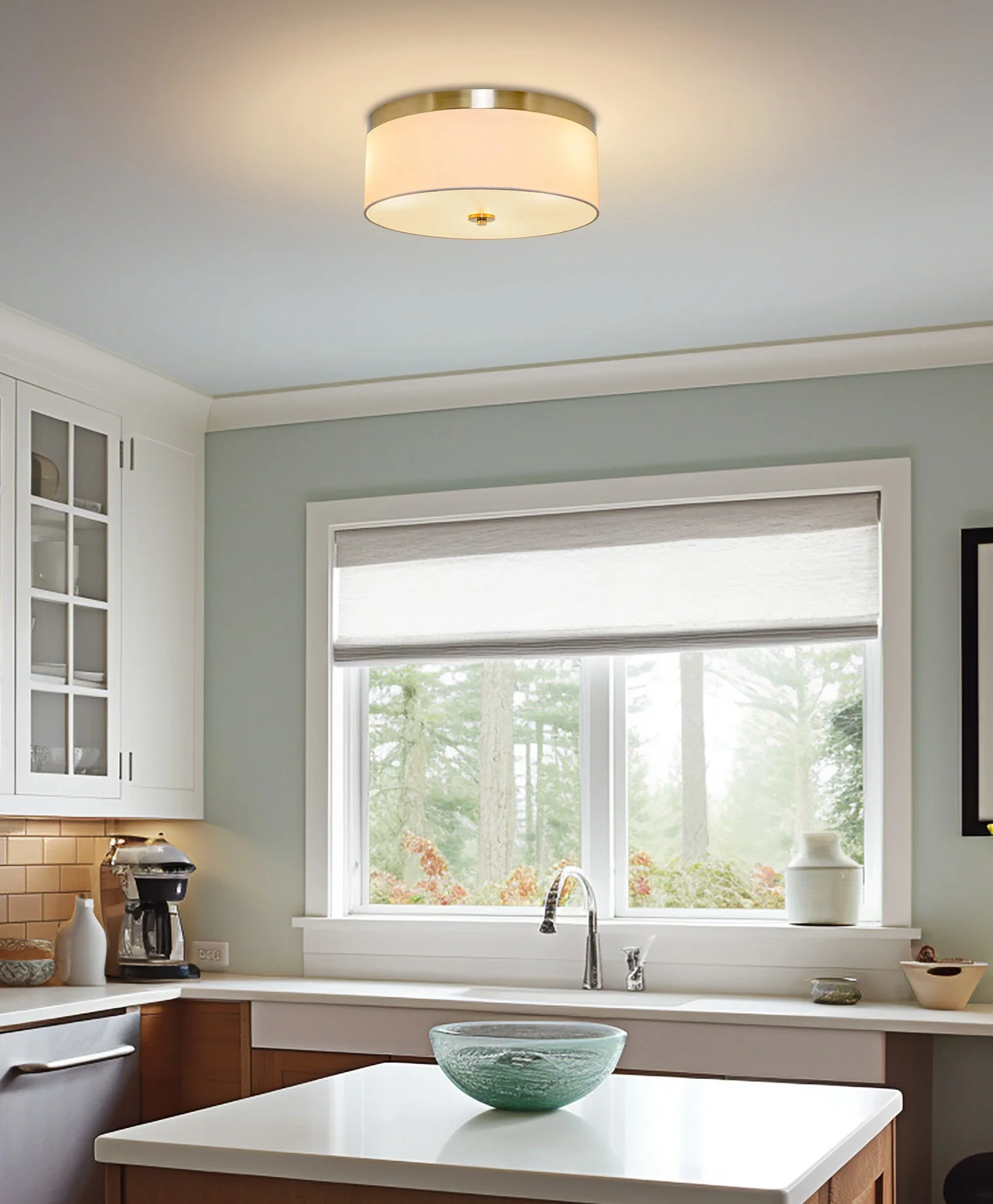 Kira Home Walker 15 Mid-Century Modern 3-Light Flush Mount Ceiling Light, White Fabric Shade + Round Glass Diffuser, Cool Brass Finish