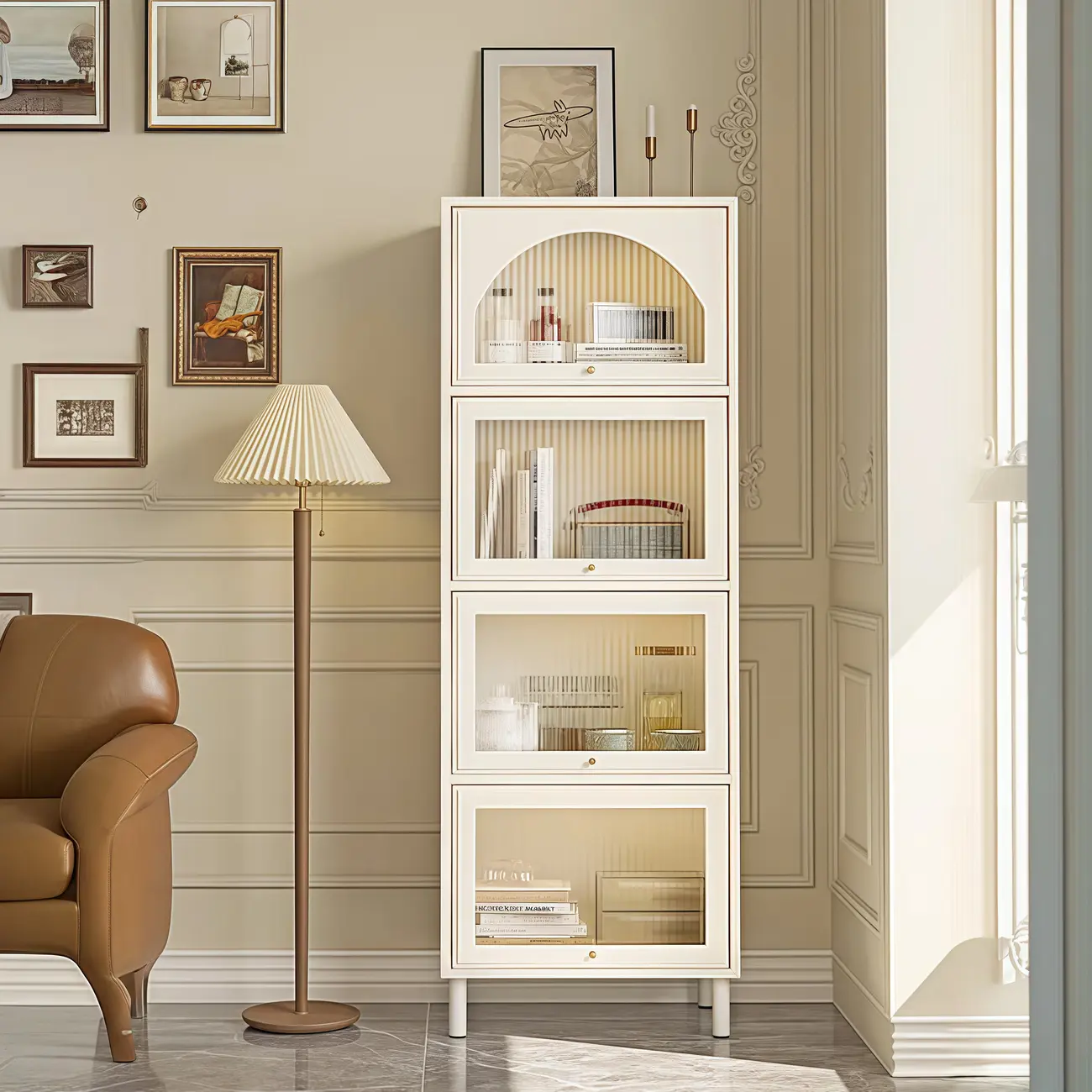 3-5 Shelves White Glass Display Cabinet with Flip Cover