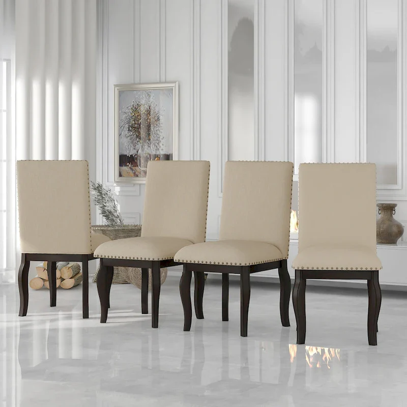 Wooden Upholstered Dining Chairs with Nailhead