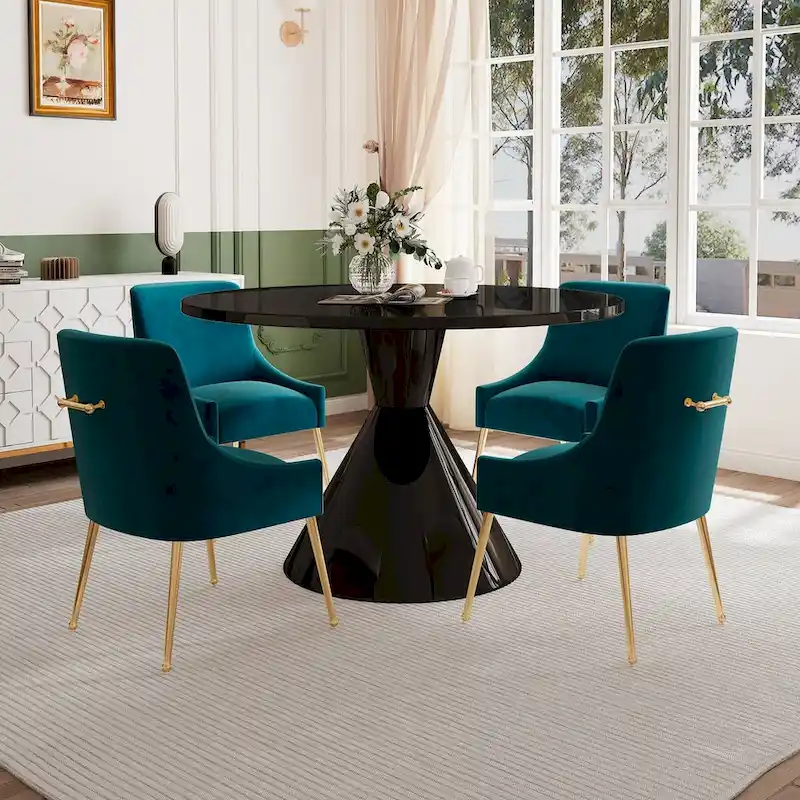48 Light Luxury Black High Gloss Large Countertop Dining Table with Velvet Dining Chair Set