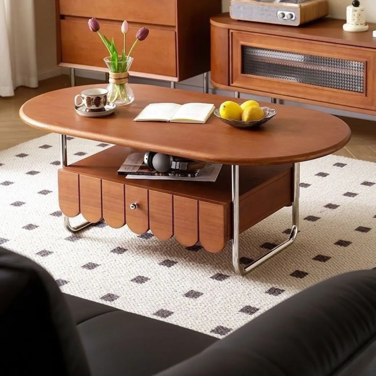 Oval Modern Wood Metal Sled Base Coffee Table