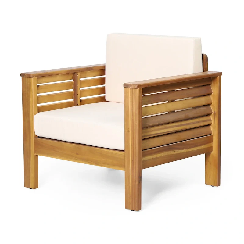 Siyal Outdoor Club Accent Chair Set of 2, Soft Beige, Brown Acacia Wood