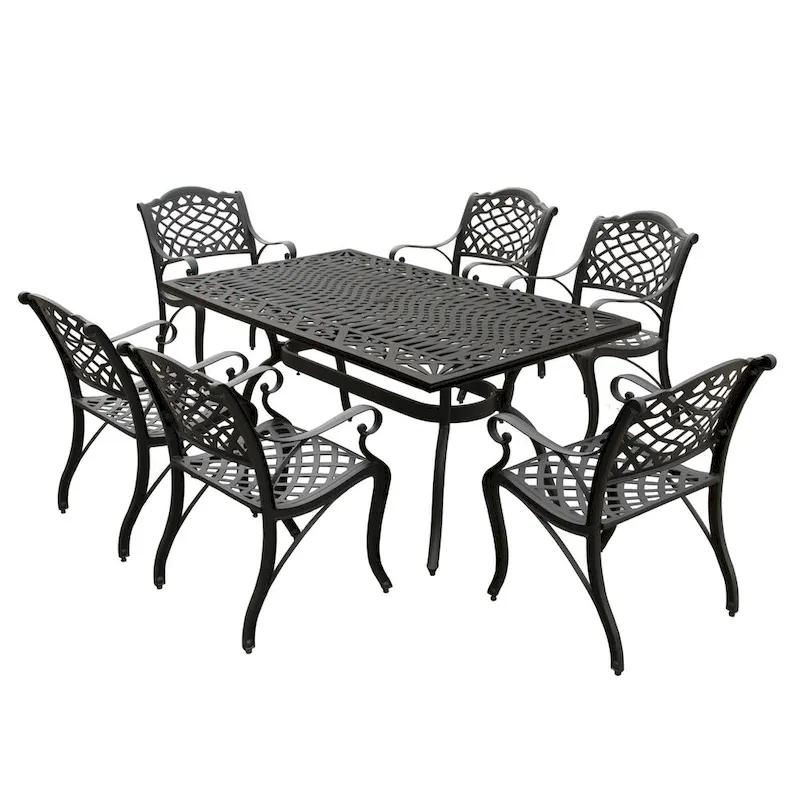 Modern Ornate Outdoor Mesh Aluminum 68-in Rectangular Patio Dining Set with Six Chairs - N/A