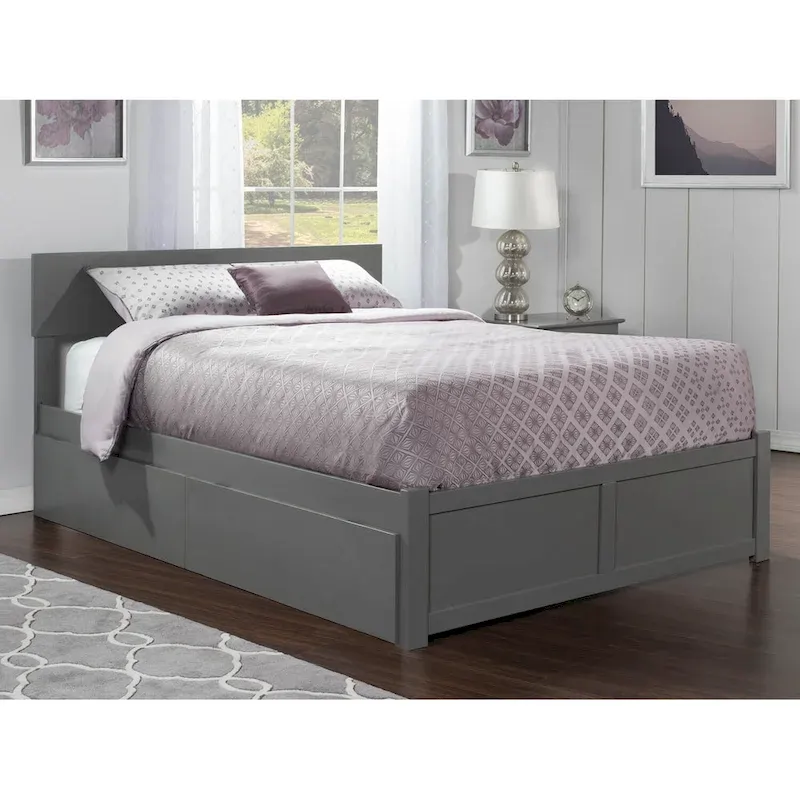 Grey King-Size Platform Bed with Two Drawers