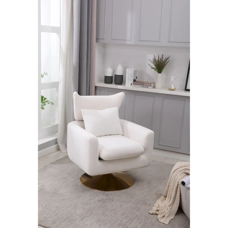 White 29.9 Upholstered 360 Swivel Accent Chair with Iron Base