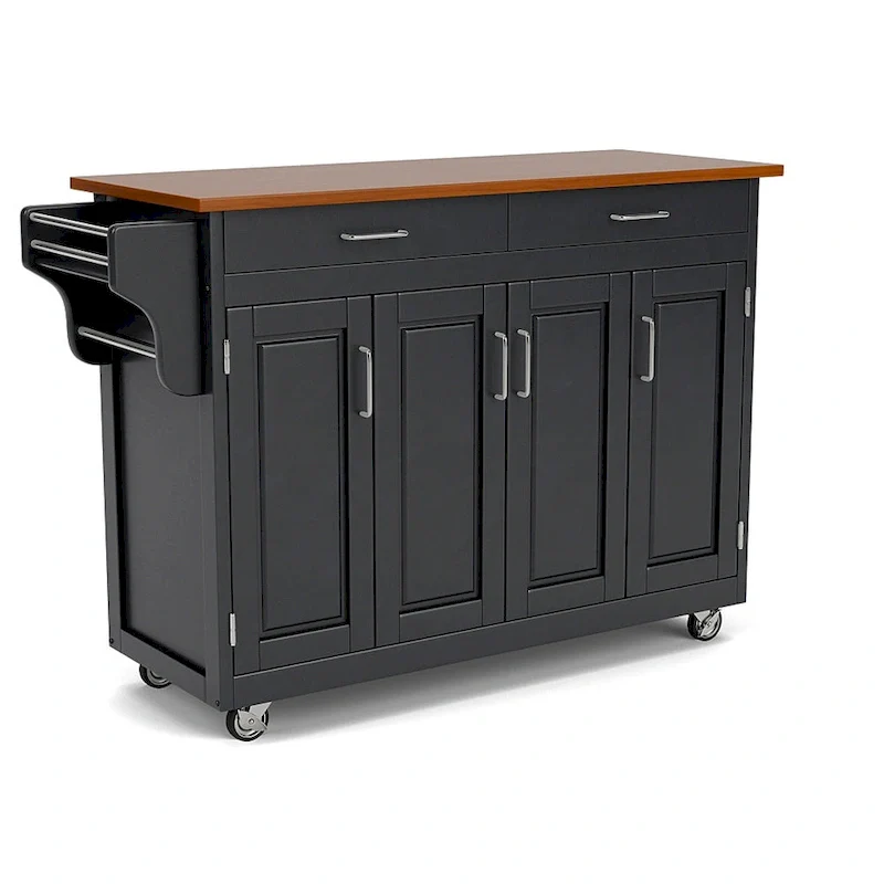 Kitchen Cart, 4 Cabinet Doors, Oak Wood Top, Spice Rack, Towel Bar, Locking Casters, Solid Hardwood, Black, 1-Person Use