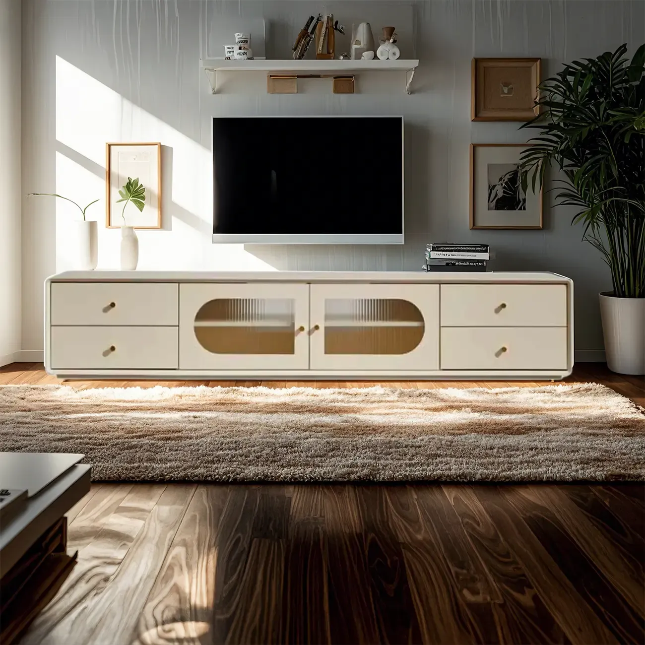 63 Contemporary White Pine Wood TV Stand with 4 Drawers