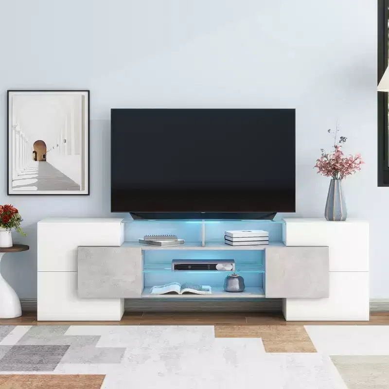 Whisen 88 High Gloss TV Stand with 2 Illuminated Glass Shelves, Unique Shape Entertainment Center with LED Color Changing Lights - Gray
