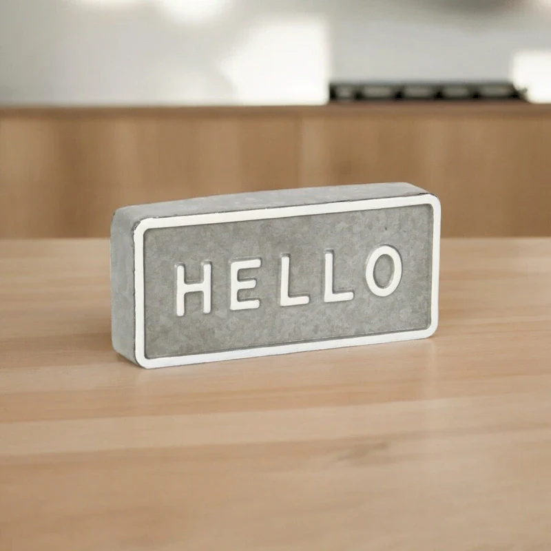 Sandevis Gray and White Metal  Hello  Table Sign