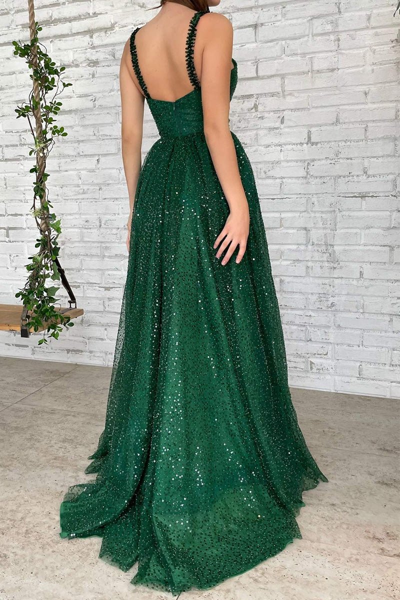 A-line V Neck Long/Floor-Length Tulle Sparkling Prom Dress With Beading Sequins Glitter