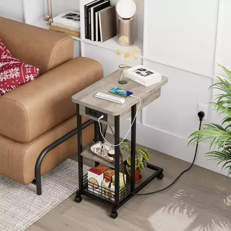 C Shaped Side Table with Charging Station, Flip Top Sofa End Table with USB Ports and Outlets, Narrow Side Table with 3 Tier Storage Shelf - Grey