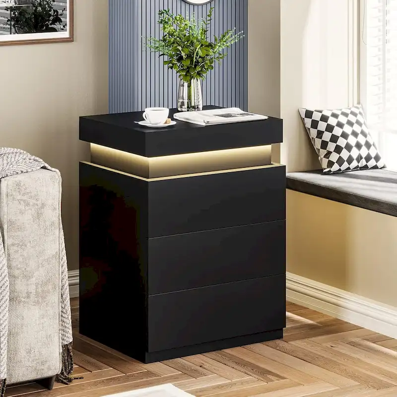 Black Sliding Top Nightstand with LED Lights & Charging Station, Single